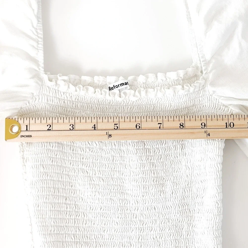 Reformation White‎ Linen Smocked Puff Sleeve Top | Square Neck | Size M